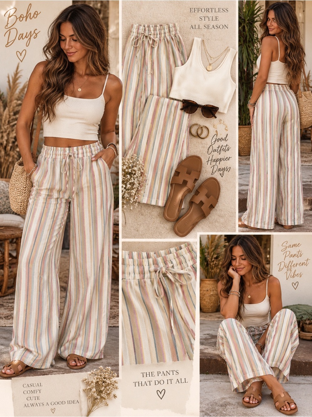 NWT Roxy M/L Vertical-Stripe Wide-Leg Pants